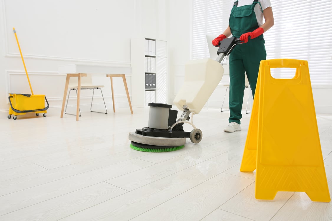 Professional Janitor Cleaning Parquet Floor with Polishing Machi