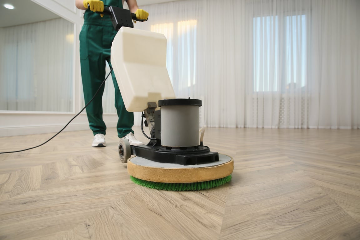 Professional Janitor Cleaning Parquet Floor with Polishing Machi